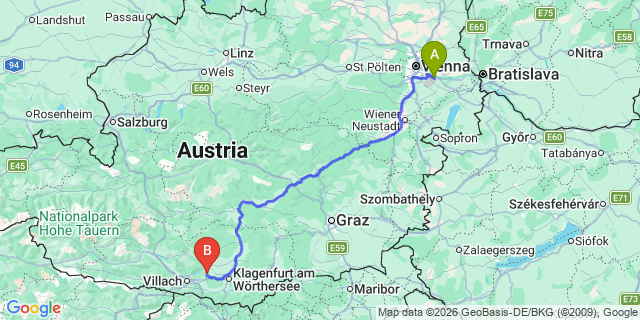 Map: Vienna Airport (VIE) to Techelsberg am Wörthersee