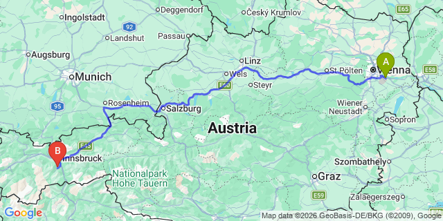 Map: Vienna Airport (VIE) to Telfes im Stubai
