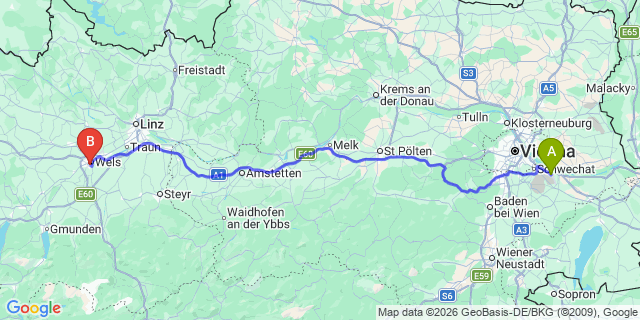 Map: Vienna Airport (VIE) to Thalheim bei Wels