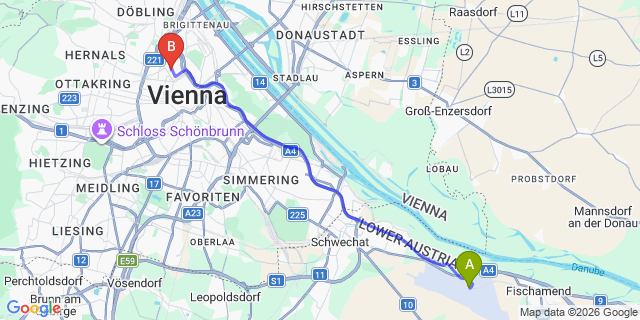Map: Vienna Airport (VIE) to The Harmonie Vienna, BW Premier Collection by Best Western