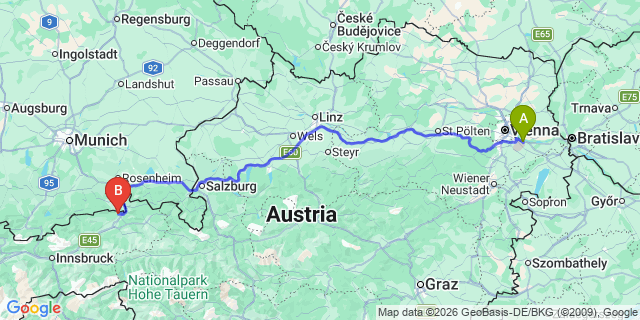 Map: Vienna Airport (VIE) to Thiersee