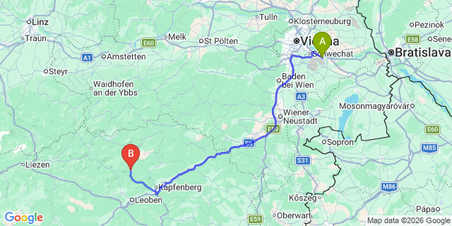 Map: Vienna Airport (VIE) to Tragöß-Sankt Katharein