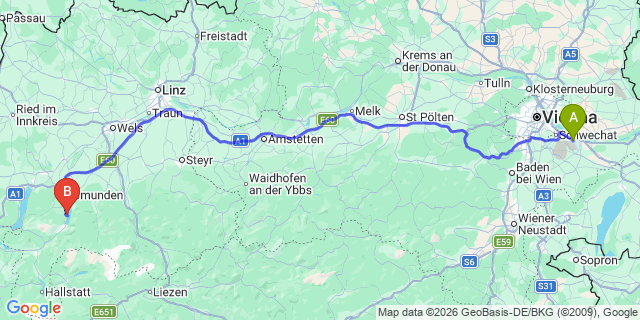 Map: Vienna Airport (VIE) to Traunkirchen