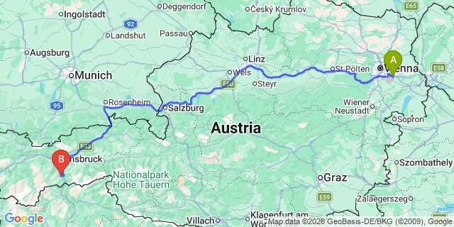 Map: Vienna Airport (VIE) to Trins