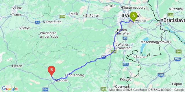 Map: Vienna Airport (VIE) to Trofaiach