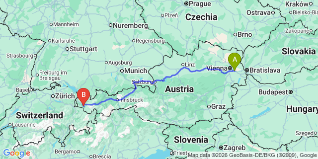 Map: Vienna Airport (VIE) to Tschagguns