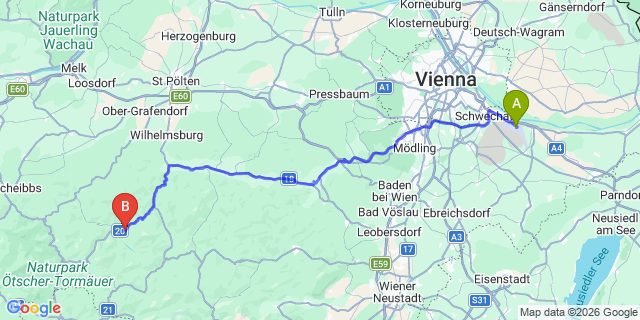 Map: Vienna Airport (VIE) to Türnitz