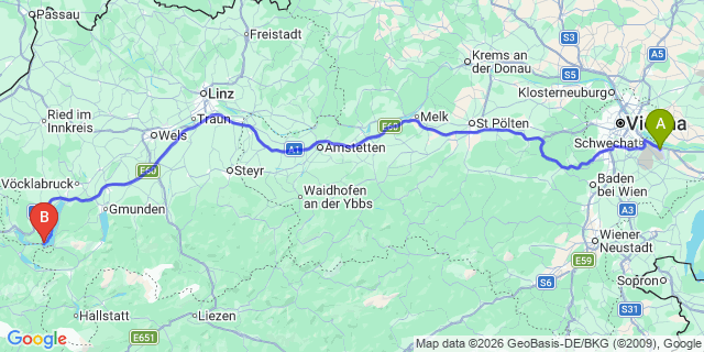 Map: Vienna Airport (VIE) to Unterach am Attersee