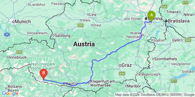 Map: Vienna Airport (VIE) to Untertilliach