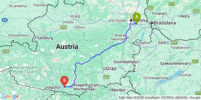 Map: Vienna Airport (VIE) to Velden am Wörthersee