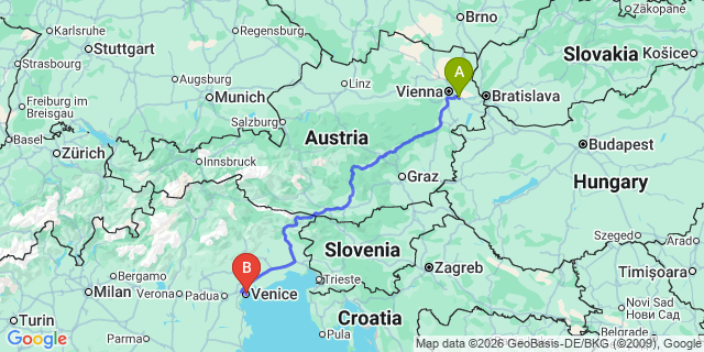 Map: Vienna Airport (VIE) to Venice