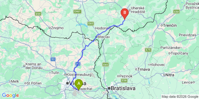 Map: Vienna Airport (VIE) to Veselí nad Moravou