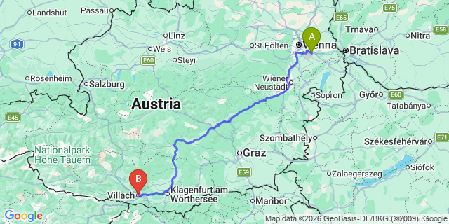 Map: Vienna Airport (VIE) to Villach