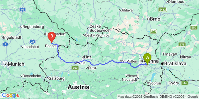 Map: Vienna Airport (VIE) to Vilshofen