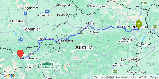 Map: Vienna Airport (VIE) to Völs