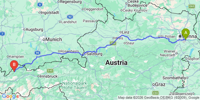 Map: Vienna Airport (VIE) to Vorderhornbach
