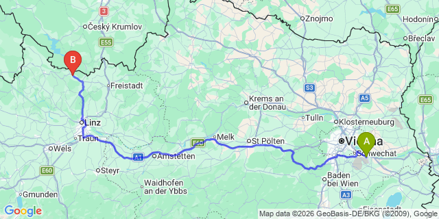 Map: Vienna Airport (VIE) to Vorderweißenbach