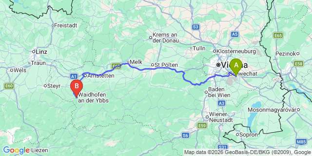 Map: Vienna Airport (VIE) to Waidhofen/Ybbs