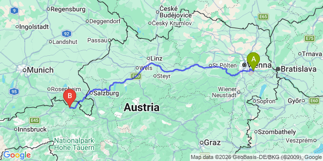 Map: Vienna Airport (VIE) to Waidring