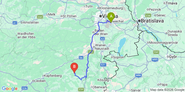 Map: Vienna Airport (VIE) to Waldbach-Mönichwald