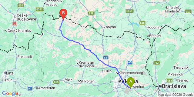 Map: Vienna Airport (VIE) to Waldkirchen an der Thaya