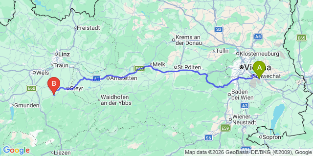 Map: Vienna Airport (VIE) to Waldneukirchen