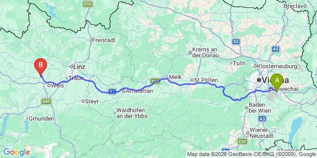 Map: Vienna Airport (VIE) to Wallern an der Trattnach