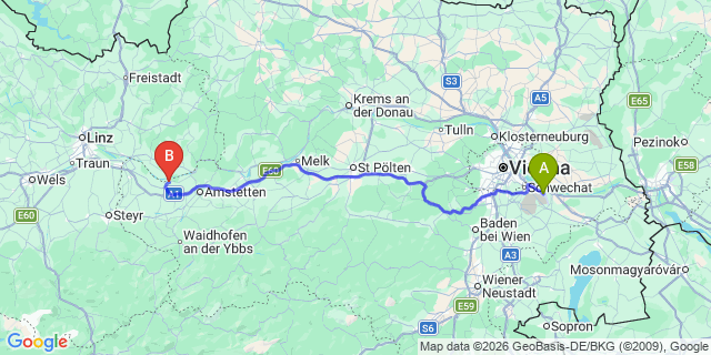 Map: Vienna Airport (VIE) to Wallsee-Sindelburg