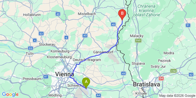 Map: Vienna Airport (VIE) to Waltersdorf an der March