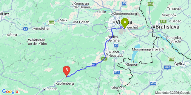 Map: Vienna Airport (VIE) to Wartberg im Mürztal
