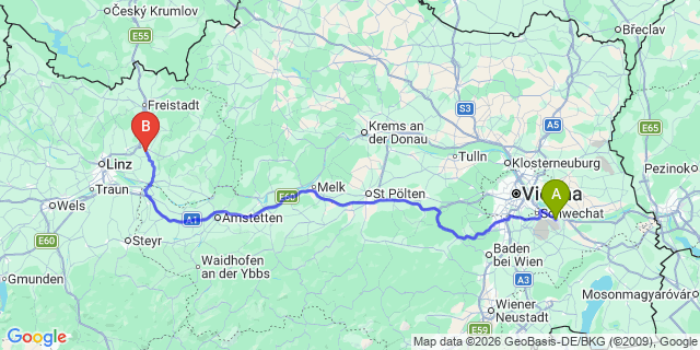 Map: Vienna Airport (VIE) to Wartberg ob der Aist