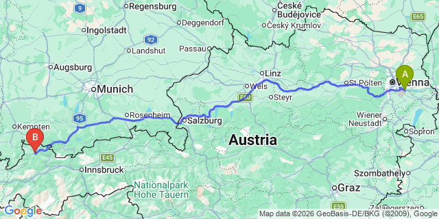 Map: Vienna Airport (VIE) to Weißenbach am Lech