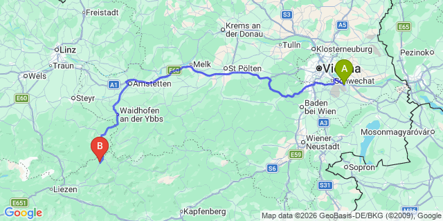 Map: Vienna Airport (VIE) to Weißenbach an der Enns