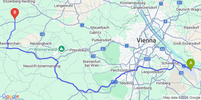 Map: Vienna Airport (VIE) to Weißenkirchen an der Perschling