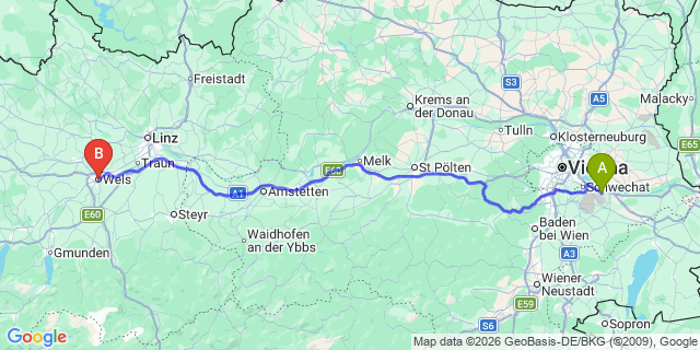 Map: Vienna Airport (VIE) to Wels