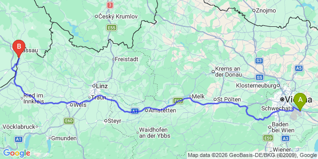 Map: Vienna Airport (VIE) to Wernstein am Inn