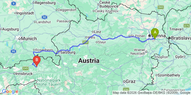 Map: Vienna Airport (VIE) to Westendorf