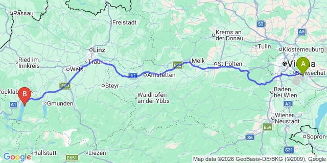 Map: Vienna Airport (VIE) to Weyregg am Attersee