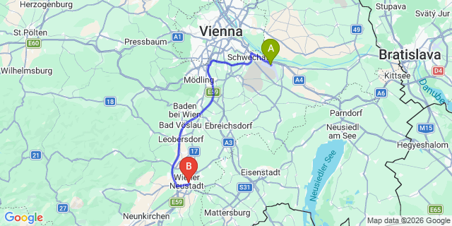 Map: Vienna Airport (VIE) to Wiener Neustadt