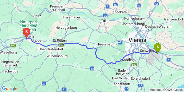 Map: Vienna Airport (VIE) to Winden bei Zwettl