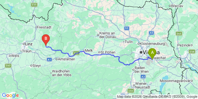 Map: Vienna Airport (VIE) to Windhaag bei Perg