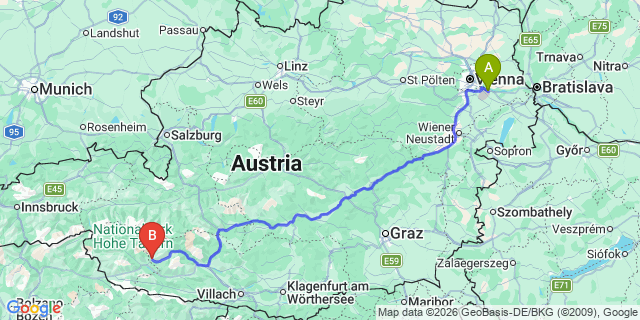 Map: Vienna Airport (VIE) to Winklern bei Obervellach