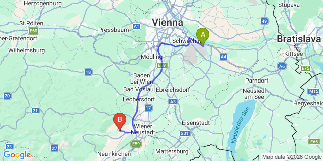 Map: Vienna Airport (VIE) to Winzendorf-Muthmannsdorf
