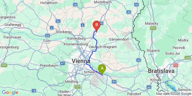 Map: Vienna Airport (VIE) to Wolersdorfl Im Weinviertel