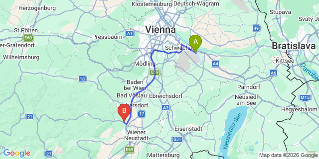 Map: Vienna Airport (VIE) to Wöllersdorf-Steinabrückl