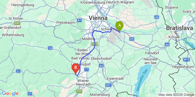 Map: Vienna Airport (VIE) to Wöllersdorf-Steinbrückl