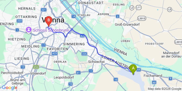Map: Vienna Airport (VIE) to Wombat’s City Hostel Vienna Naschmarkt