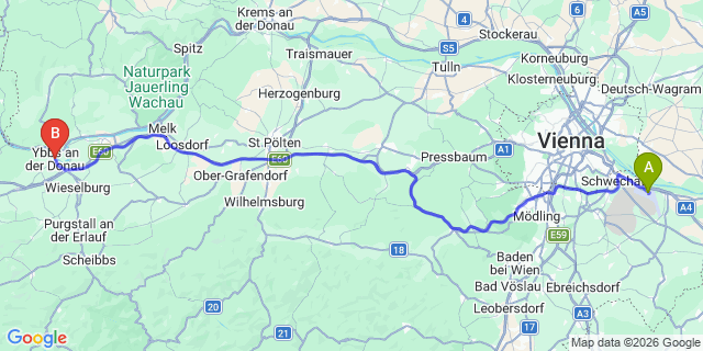 Map: Vienna Airport (VIE) to Ybbs an der Donau