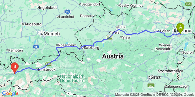 Map: Vienna Airport (VIE) to Zams