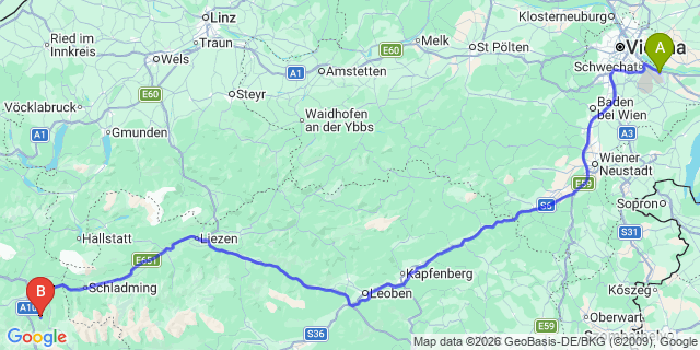 Map: Vienna Airport (VIE) to Zauchensee